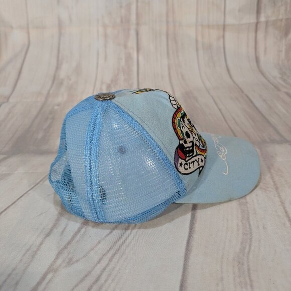 Ed Hardy Vintage Tattoo Wear Light Blue Skull Wing New York City Trucker Cap - Picture 7 of 10